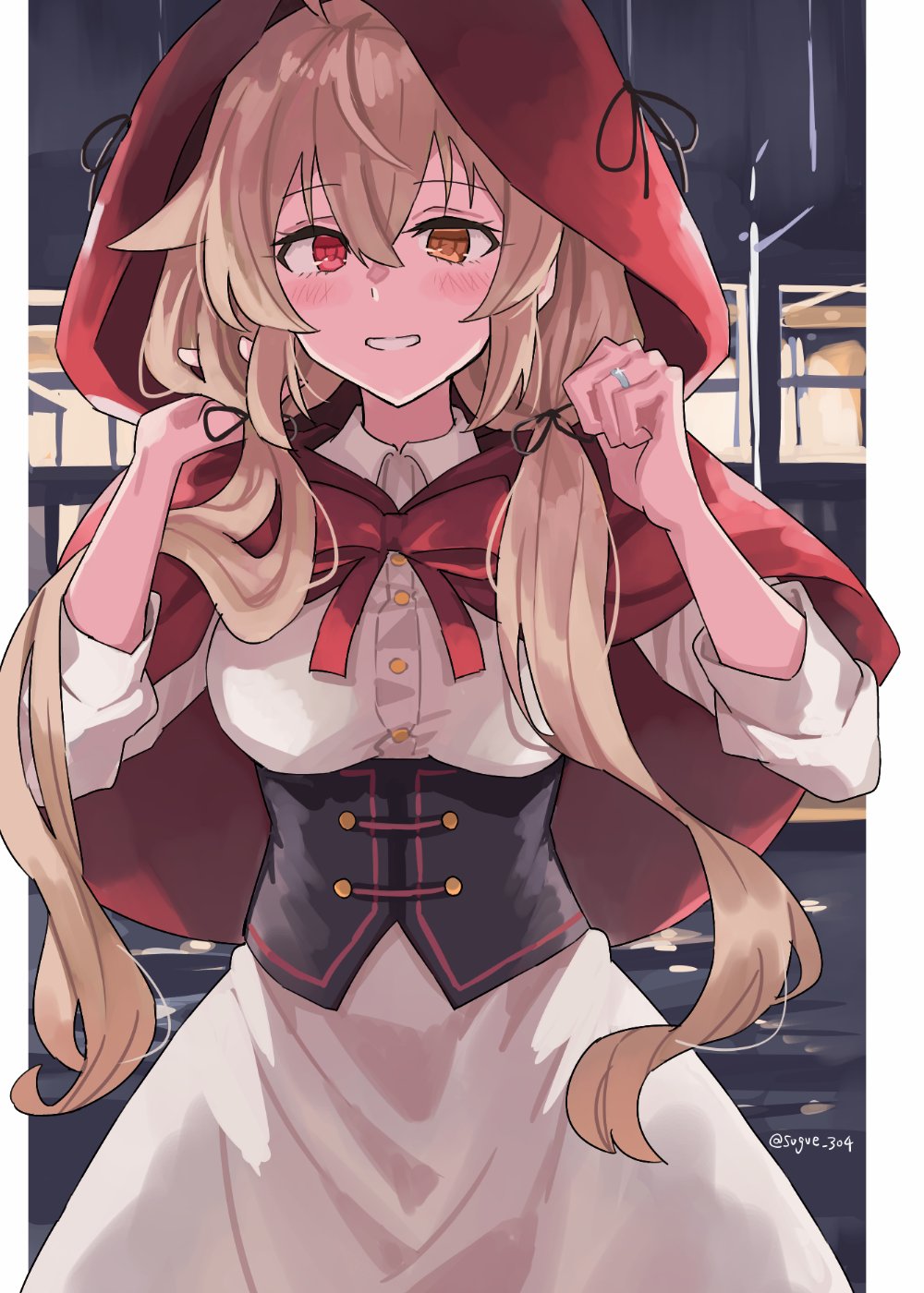 1girl, apron, brown_eyes, brown_hair, capelet, collared_shirt, corset, cosplay