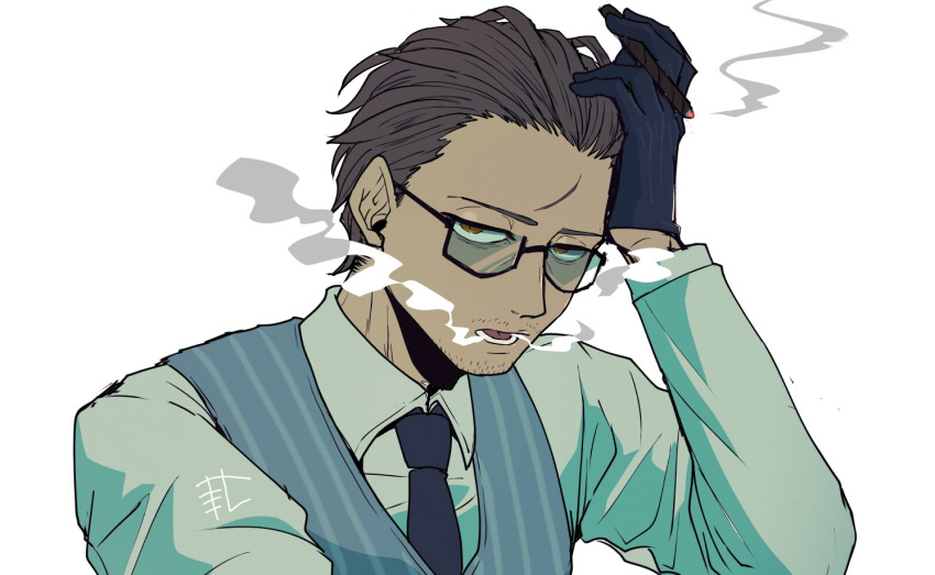 1boy, bags_under_eyes, beard_stubble, black_gloves, black_necktie, brown_hair, cigar, collared_shirt