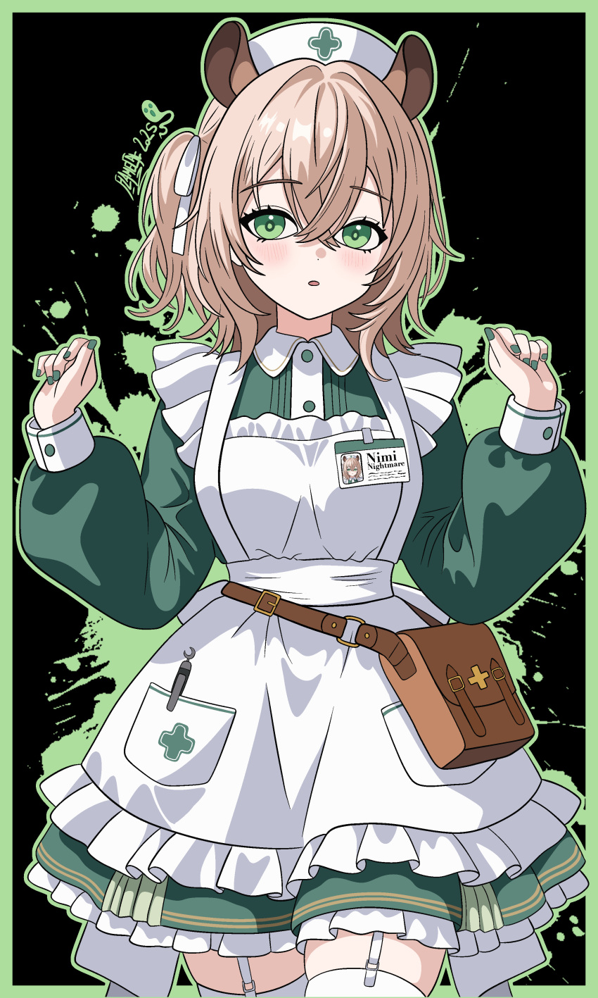 1girl, absurdres, animal_ears, apron, arms_up, black_background, blush, border