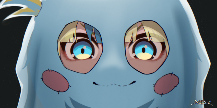 1girl, :3, artist_name, black_background, blonde_hair, blue_eyes, blue_streaks, blunt_bangs