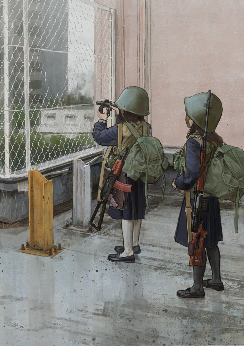 2girls, absurdres, aks-74u, assault_rifle, backpack, bag, black_hair, building