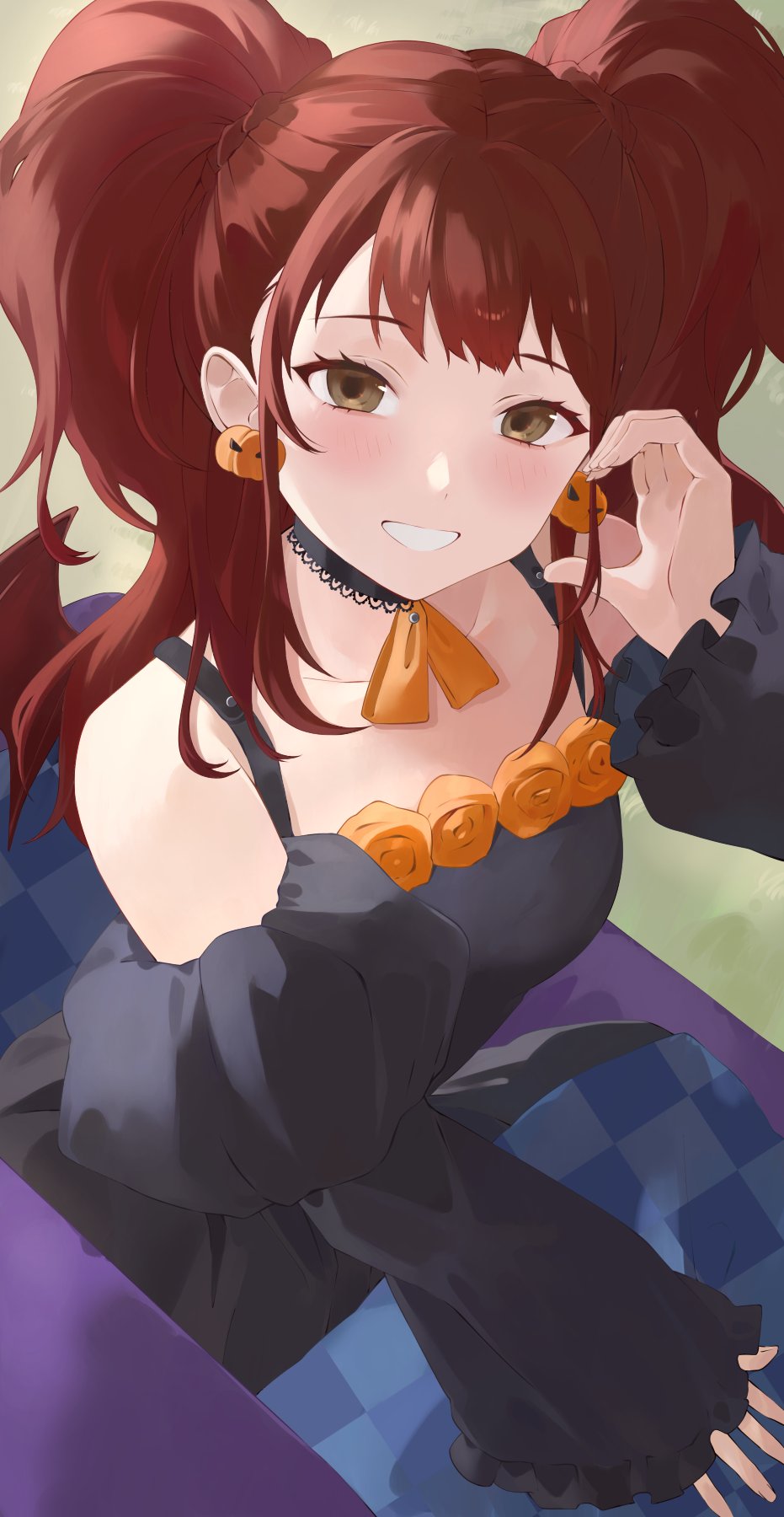 1girl, black_dress, brown_eyes, brown_hair, demon_wings, dress, earrings, food-themed_earrings
