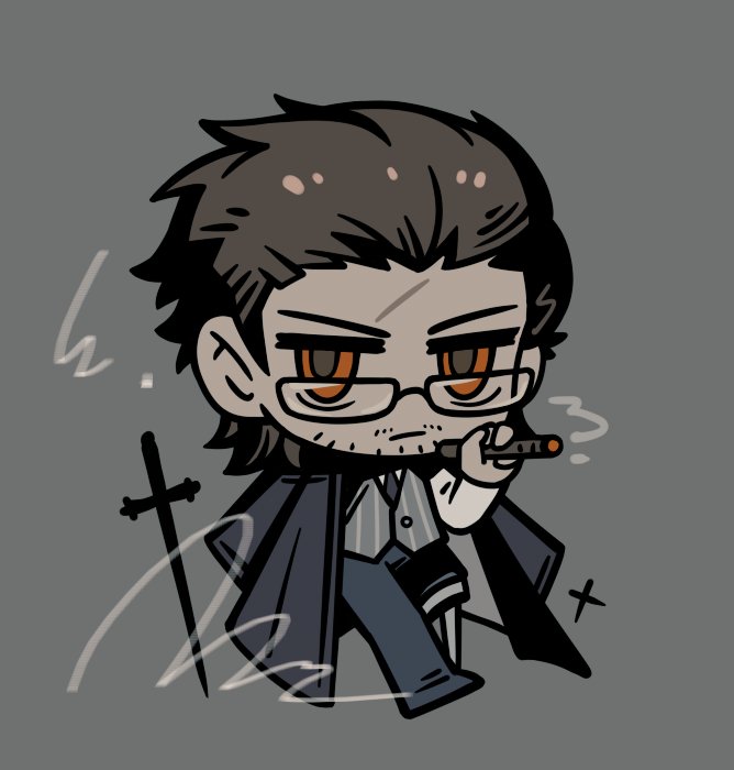 1boy, :/, beard_stubble, black_jacket, black_necktie, brown_eyes, brown_hair, chibi