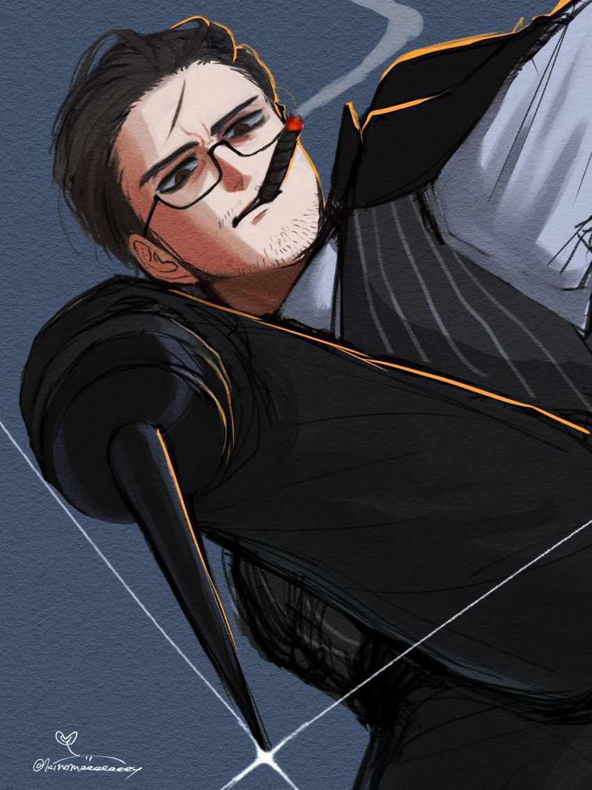1boy, beard_stubble, black_jacket, black_vest, brown_hair, cigar, facial_hair, from_below