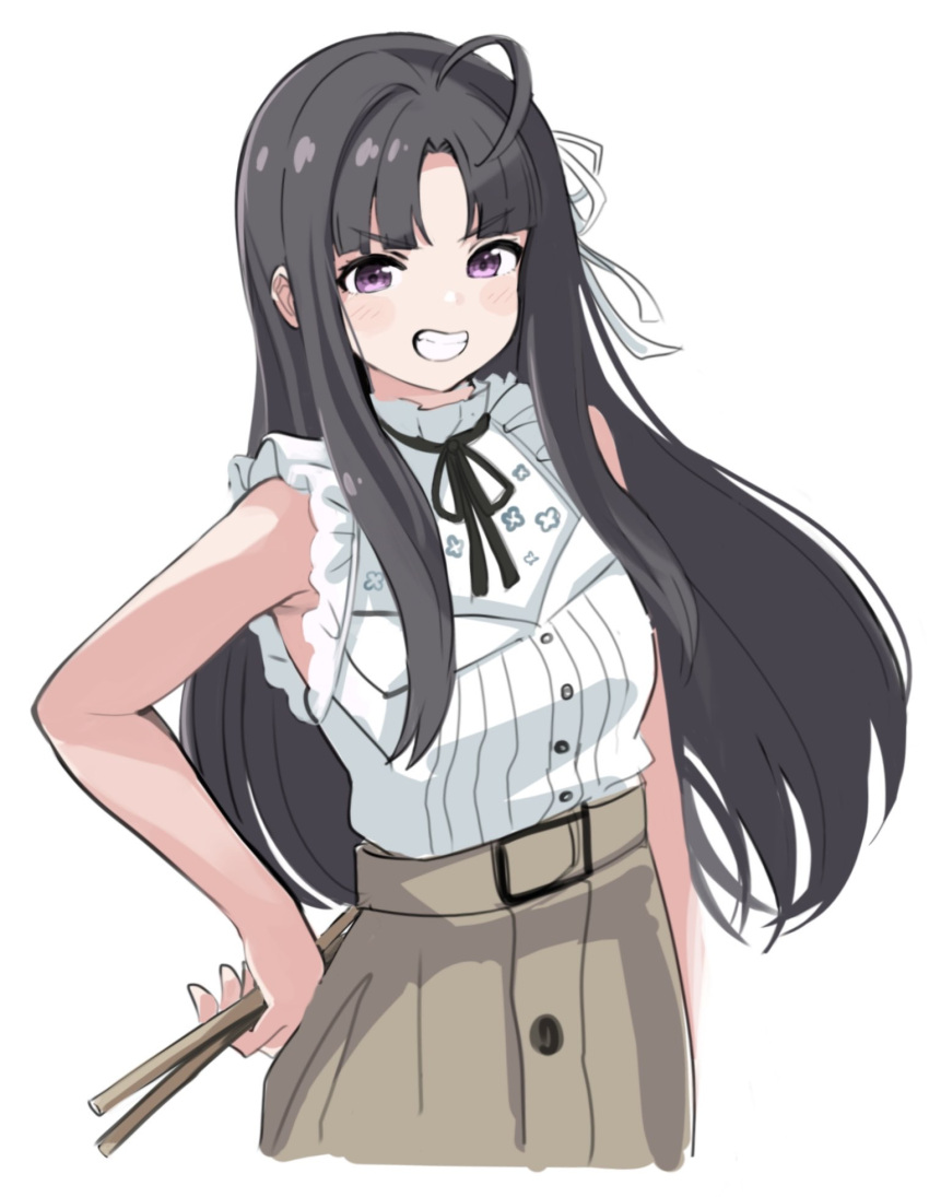 1girl, :3, ahoge, awa_subaru, black_hair, blush, clenched_teeth, commentary_request