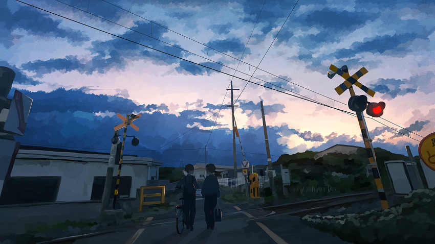 2boys, absurdres, banakotakemaru, clouds, cloudy_sky, commentary_request, dusk, highres