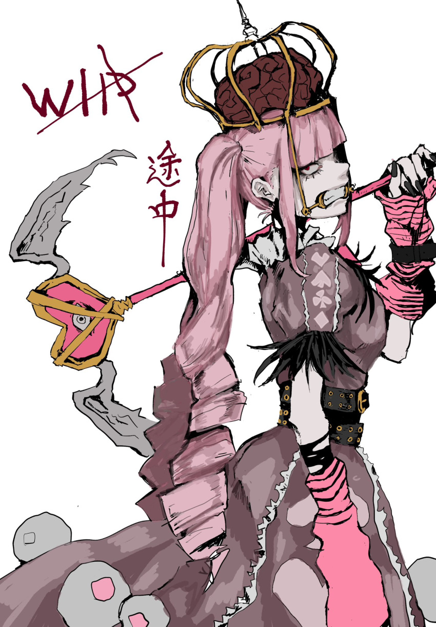 1girl, belt, black_nails, blunt_bangs, brain, dental_gag, dress, drill_hair