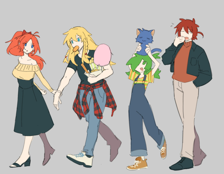 111nuaywwa, 2boys, 2girls, anna_(epic_battle_fantasy), bare_shoulders, black_skirt, blonde_hair, blue_overalls