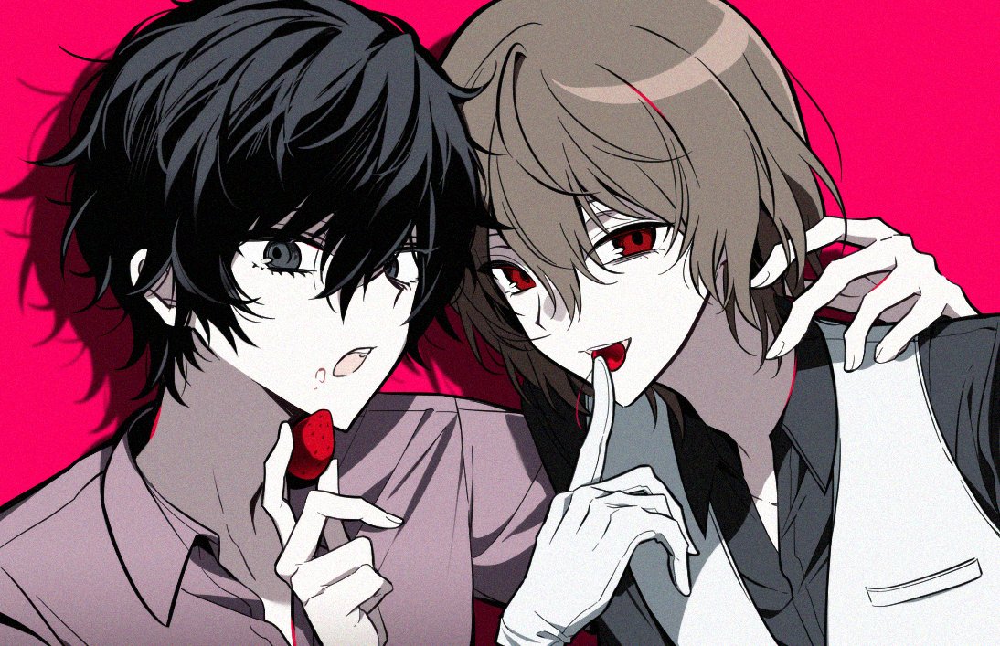 2boys, akechi_gorou, amamiya_ren, black_eyes, black_hair, black_shirt, brown_hair, cherry, commentary_request, dress_shirt, fingernails, food, food_in_mouth, fruit, gloves, gulraw, hair_between_eyes, hand_on_another's_shoulder, hand_up, holding, holding_food, holding_fruit, korean_commentary, looking_at_viewer, male_focus, multiple_boys, no_eyewear, open_mouth, persona, persona_5, pink_background, portrait, purple_shirt, red_eyes, shadow, shirt, short_hair, simple_background, strawberry, teeth, upper_teeth_only, vest, white_gloves, white_vest