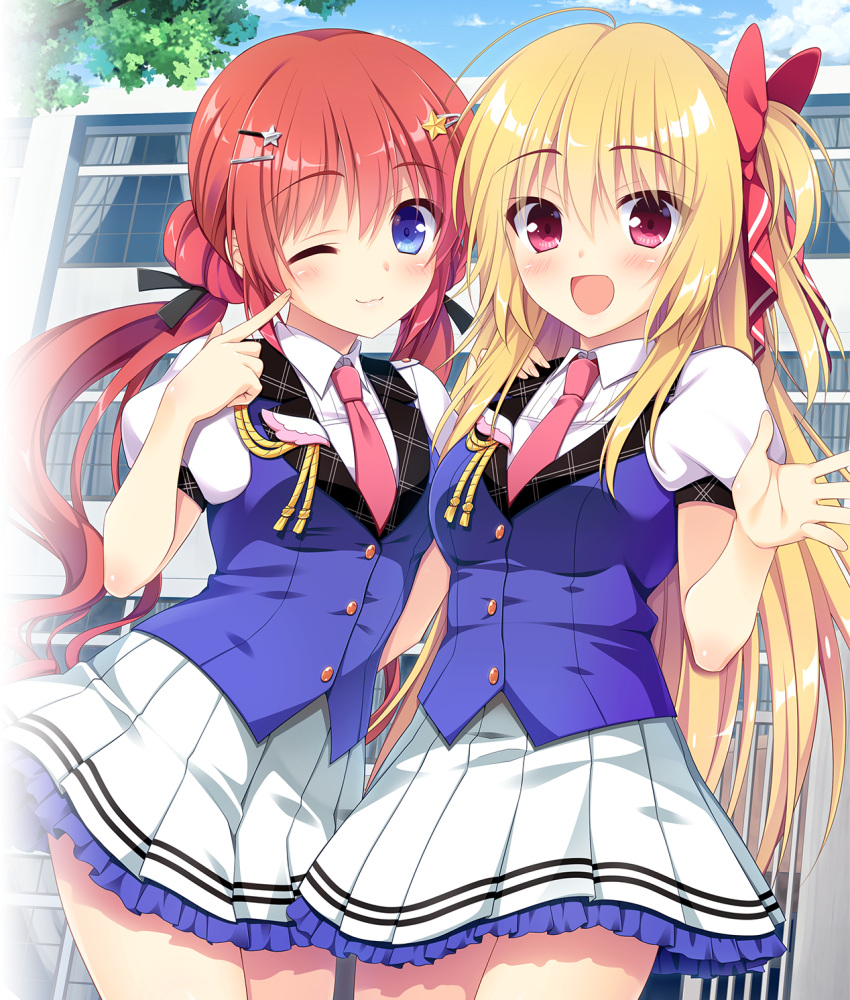2girls, ;3, ahoge, black_ribbon, blue_eyes, blue_sky, blue_vest, blush