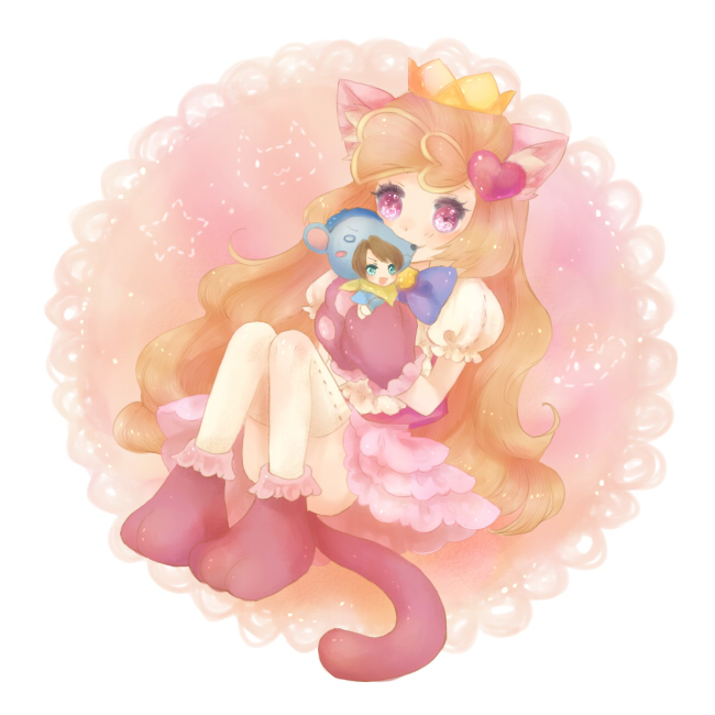 animal_hat, anyamal_tantei_kirumin_zoo, biting, blush, bow, brown_hair, cat, cat_ears, cat_hat, cat_paws, cat_tail, crown, frills, hair_ornament, hat, heart, inomata_ken, long_hair, mikogami_riko, mouse, orange_hair, paws, red_eyes, rosetiara, scarf, short_hair, sitting, skirt, star, tail, thigh-highs, thighhighs