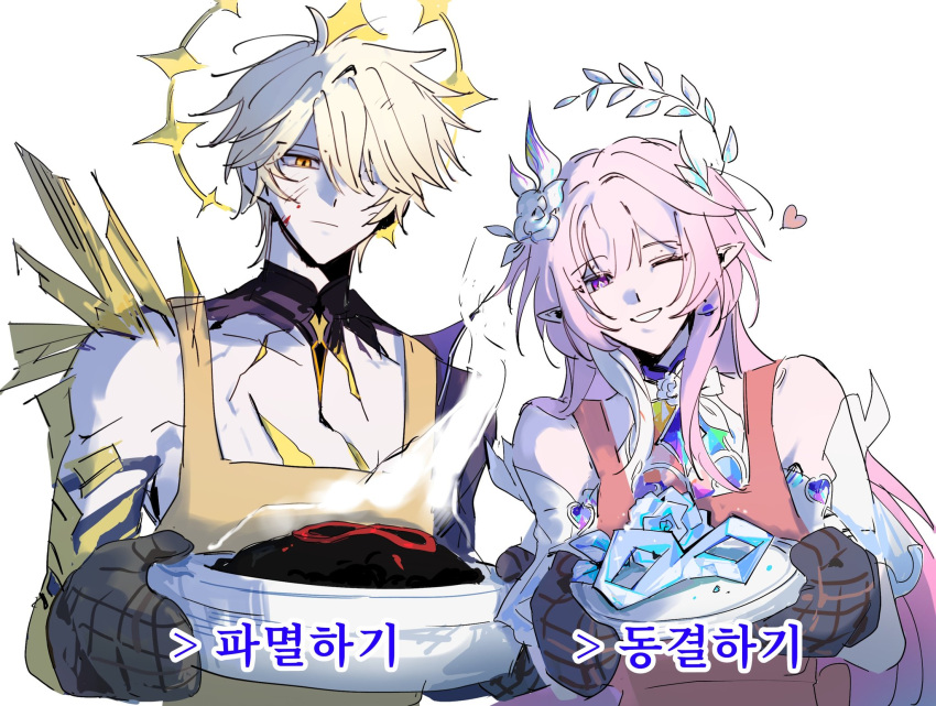 1boy, 1girl, ;), bare_shoulders, black_gloves, blonde_hair, commentary_request, cracked_skin