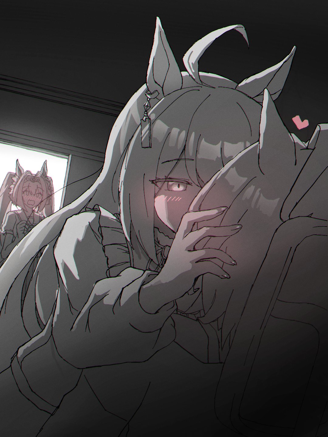 3girls, agnes_tachyon_(umamusume), animal_ears, blush, daiwa_scarlet_(umamusume), greyscale, hair_between_eyes, hair_intakes