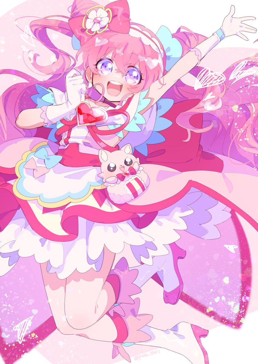 1girl, absurdres, animal, apron, arm_up, blue_bow, blue_scrunchie, boots, border, bow, bow_apron, bracelet, brooch, cat, clenched_hand, coattails, commentary_request, cone_hair_bun, crossed_bangs, cure_precious, delicious_party_precure, double_bun, dress, eyelashes, floating_clothes, floating_hair, flower, flower_knot, frilled_gloves, frilled_hairband, frilled_sleeves, frills, full_body, gem, gloves, hair_between_eyes, hair_bow, hair_bun, hair_flower, hair_ornament, hair_ribbon, hair_scrunchie, hairband, happy, heart, heart-shaped_gem, heart_background, heart_brooch, high_heel_boots, high_heels, highres, jewelry, jumping, kneehighs, knees, kome-kome, lace-trimmed_dress, lace_trim, light_blush, light_particles, long_hair, magical_girl, medium_dress, nagomi_yui, open_mouth, outside_border, petticoat, pink_background, pink_bag, pink_bow, pink_dress, pink_hair, pink_hairband, pink_socks, pink_theme, precure, red_gemstone, ribbon, scrunchie, serizawa_serizane, short_sleeves, signature, simple_background, smile, socks, strap, tareme, very_long_hair, violet_eyes, waist_apron, waist_bag, wavy_hair, white_apron, white_boots, white_border, white_flower, white_gloves, white_sleeves, yellow_ribbon