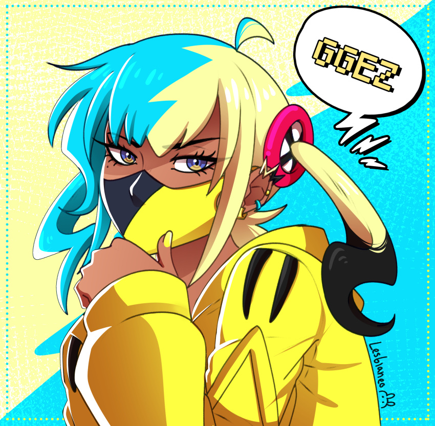 1girl, absurdres, artist_name, blonde_hair, blue_background, blue_hair, canari_(pokemon), dark-skinned_female
