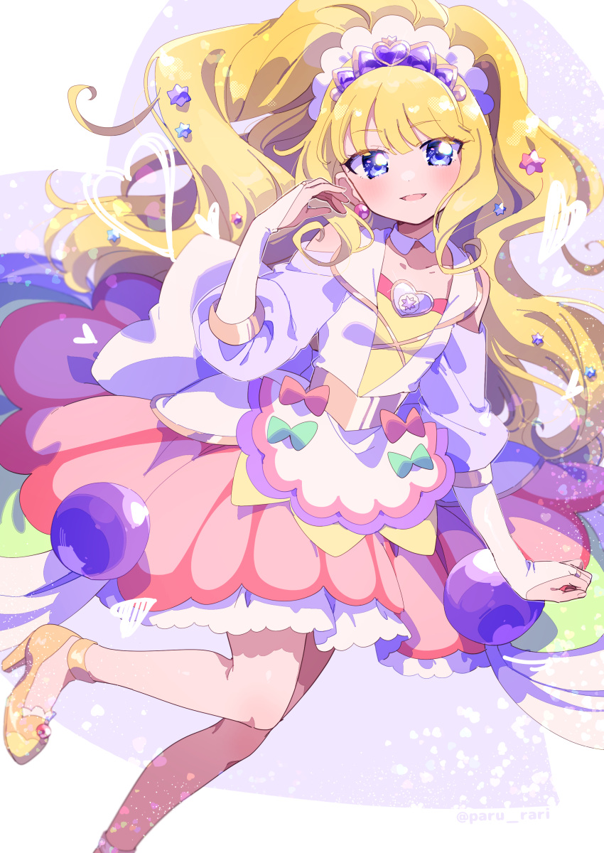 1girl, absurdres, apron, aqua_bow, bare_legs, big_hair, blonde_hair, blue_eyes