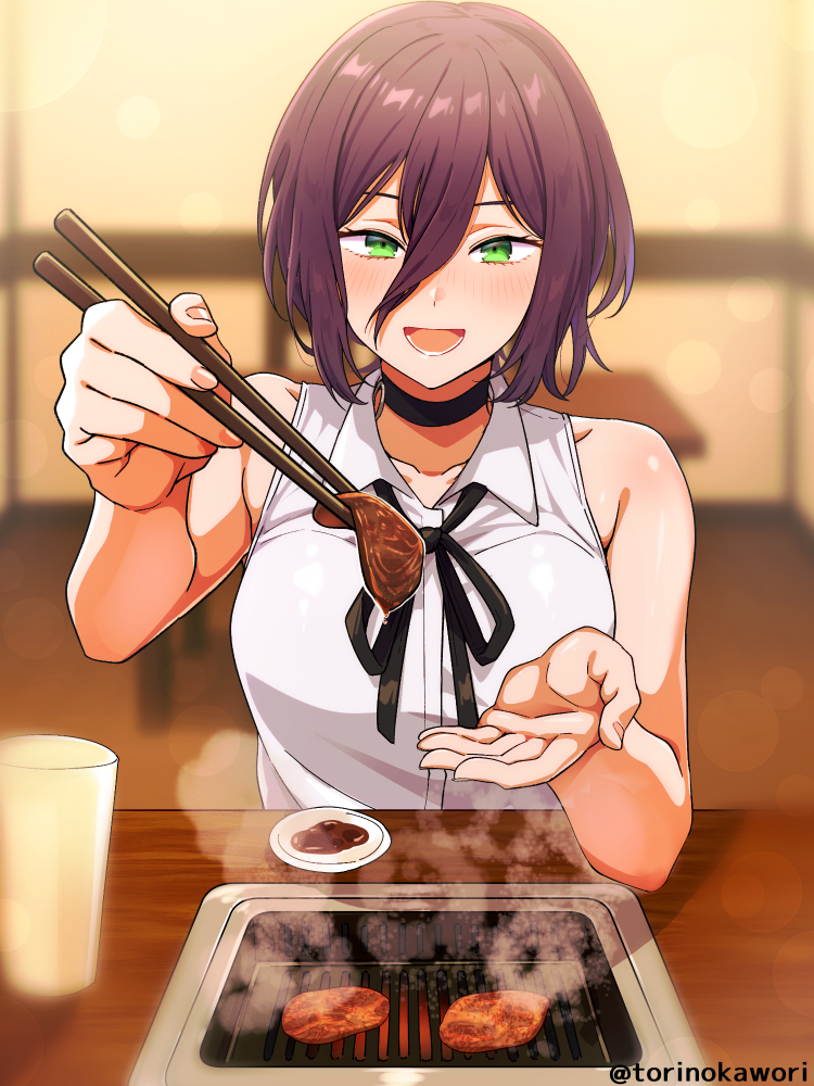 1girl, black_choker, black_ribbon, blurry, blurry_background, breasts, chainsaw_man, choker