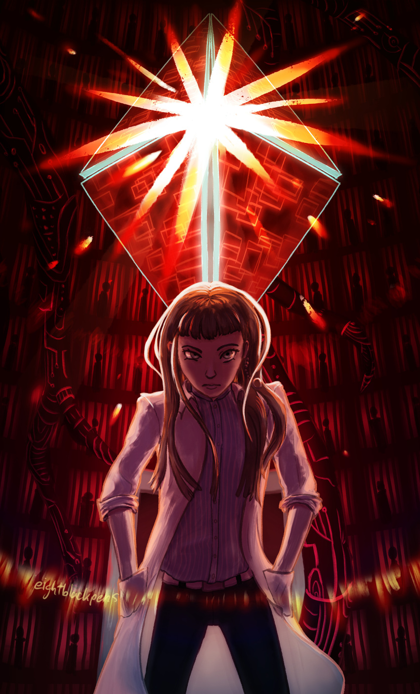 1girl, 2021, absurdres, atlus, belt, brown_hair, eightblackpens, frown, hair_between_eyes, hands_in_pockets, highres, ichinose_kuon, lab_coat, long_hair, mature_female, pants, persona, persona_5, persona_5_scramble:_the_phantom_strikers, scientist, shirt, solo, solo_focus, spoilers