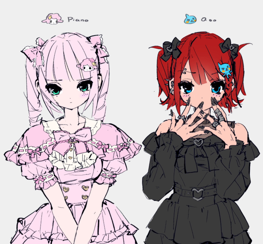 2girls, belt, black_bow, black_dress, black_nails, blue_eyes, bow, capelet