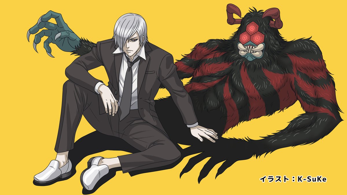 black_suit, bug, business_suit, different_shadow, extra_eyes, fangs, formal_clothes, grey_hair