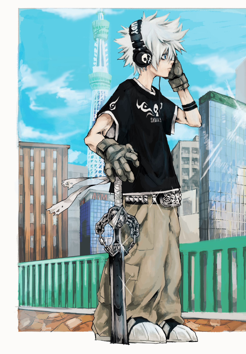 1boy, arm_tattoo, baggy_pants, belt, belt_buckle, black_shirt, blue_eyes, bridge, brown_pants, buckle, cargo_pants, city, closed_mouth, from_side, gloves, grey_gloves, hands_on_headphones, headphones, highres, holding, holding_sword, holding_weapon, male_focus, mall_goth, nu_punxxxz, original, pants, planted, planted_sword, print_shirt, shirt, shoes, short_hair, skull_print, sneakers, solo, sparkle, spiky_hair, studded_belt, sword, tattoo, weapon, white_hair, white_trim