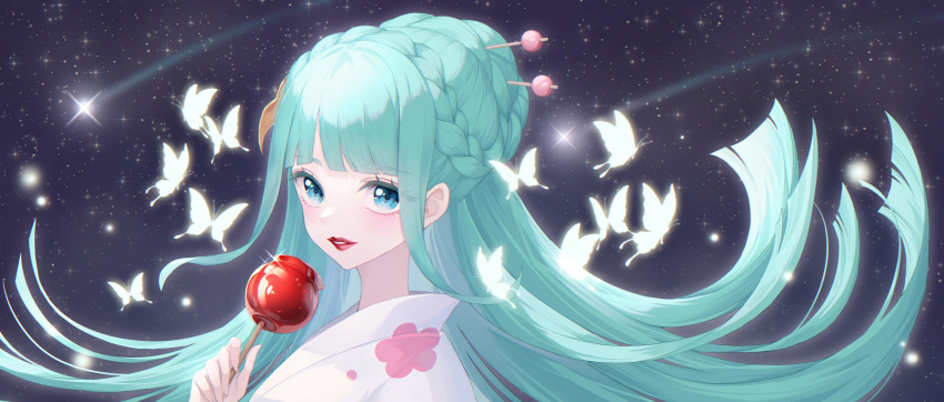 1girl, aqua_hair, blu_eyes, blunt_bangs, braid, bug, butterfly, candy_apple