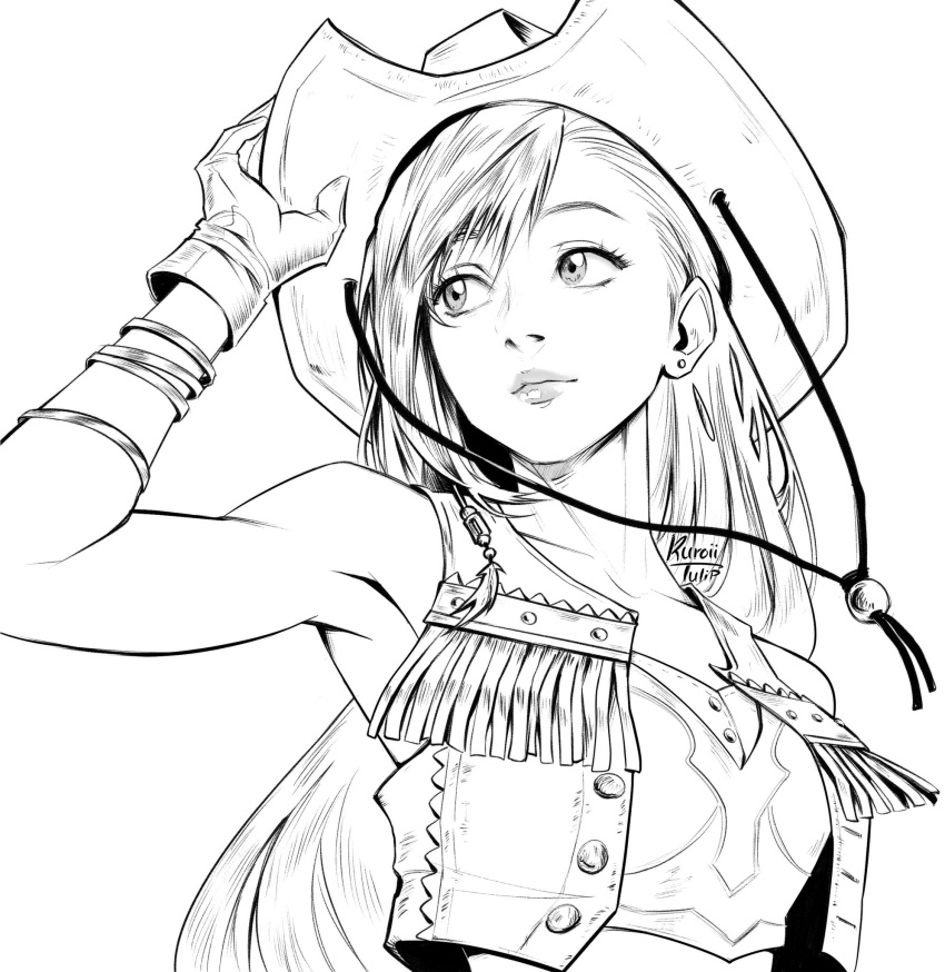 1girl, artist_name, bare_shoulders, beads, bracelet, breasts, closed_mouth, cowboy_hat