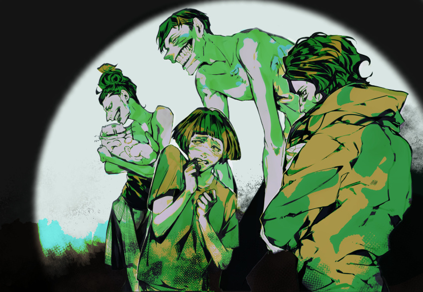 2boys, 2girls, animal, black_hair, bob_cut, cashier_girl_(no_i'm_not_a_human), cat, cat_lady_(no_i'm_not_a_human), coat, coat_guy_(no_i'm_not_a_human), donpidayo, evil_smile, highres, holding, holding_animal, intruder_(no_i'm_not_a_human), long_arms, medium_hair, medium_skirt, monochrome, multiple_boys, multiple_girls, no_eyebrows, no_i'm_not_a_human, scared, shirt, short_hair, skirt, smile, tall_male, tank_top, teeth, topless_male