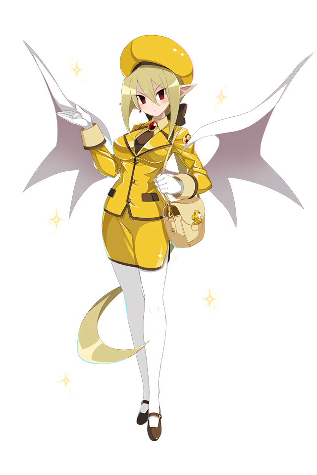 1girl, bag, blazer, blonde_hair, brown_shoes, demon_girl, demon_wings, disgaea