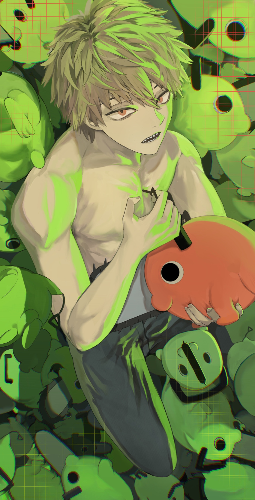 1boy, absurdres, black_pants, blonde_hair, chainsaw_man, character_doll, doll, highres