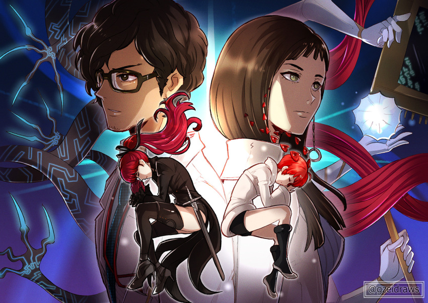 1boy, 1girl, 2021, atlus, blue_shirt, brown_hair, glasses, gzei