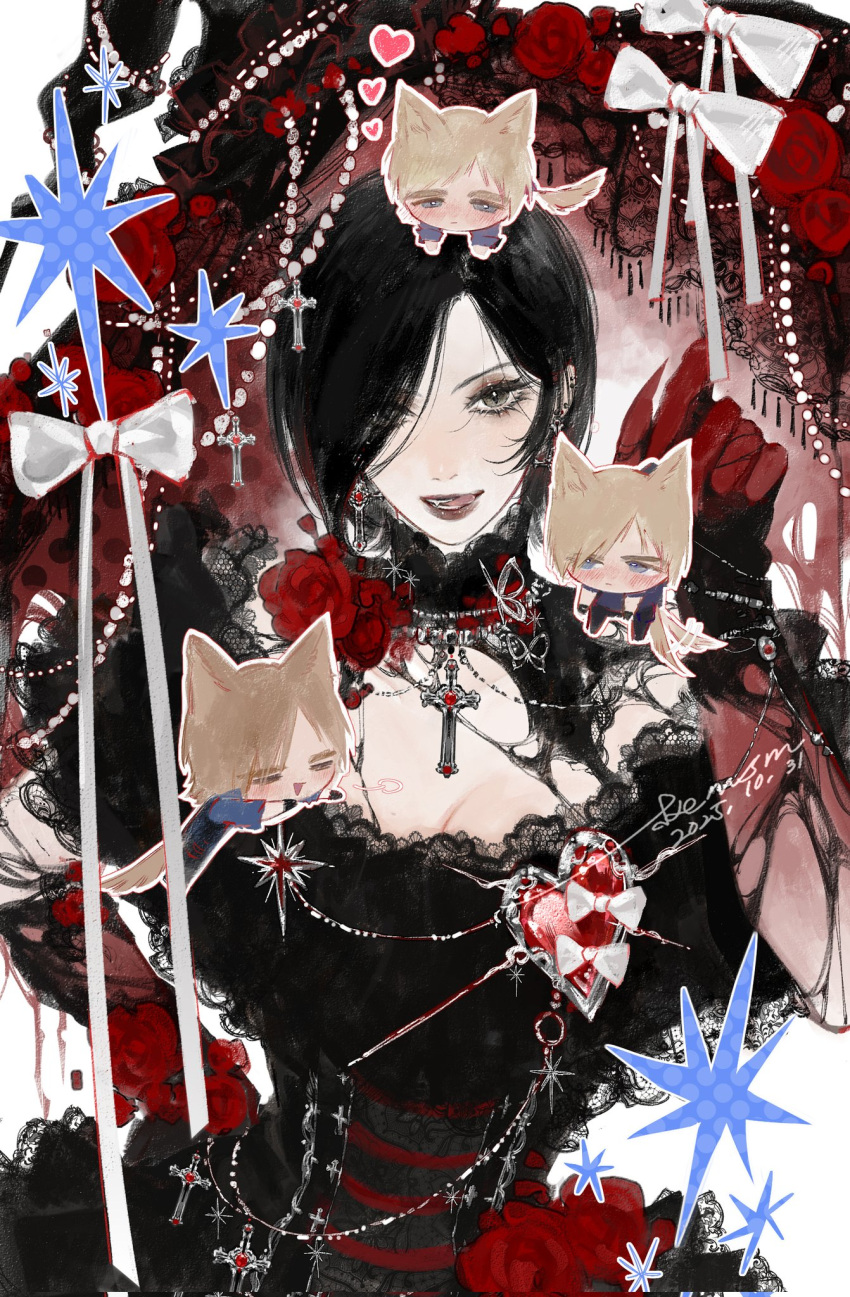 1boy, 1girl, ada_wong, animal_ears, artist_name, black_dress, black_hair, blonde_hair, blue_shirt, breasts, chibi, claws, dated, dress, flower, gloves, halloween, hand_on_own_hip, highres, leon_s._kennedy, medium_breasts, mofa_shuimu_jiang, open_mouth, parted_bangs, red_flower, red_gloves, red_rose, resident_evil, rose, shirt, short_hair, smile, swept_bangs, tail, tongue, tongue_out, upper_body, vampire, wolf_boy, wolf_ears, wolf_tail