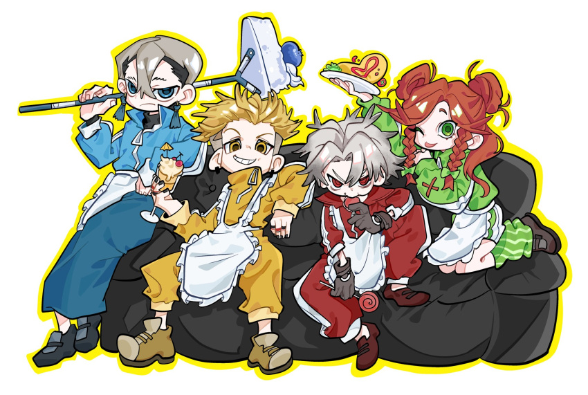 1girl, 3boys, blue_jacket, blue_track_suit, boots, braid, brown_boots, candy, double_bun, eating, enjin_(gachiakuta), food, full_body, gachiakuta, green_eyes, green_jacket, green_track_suit, hair_bun, highres, jacket, jersey_maid, maid, majin_3699, mop, multiple_boys, omelet, omurice, pants, red_hair, red_track_suit, riyo_reaper, rudo_surebrec, side_braids, simple_background, track_suit, twin_braids, unconventional_maid, white_background, yellow_jacket, yellow_pants, yellow_track_suit, zanka_nijiku