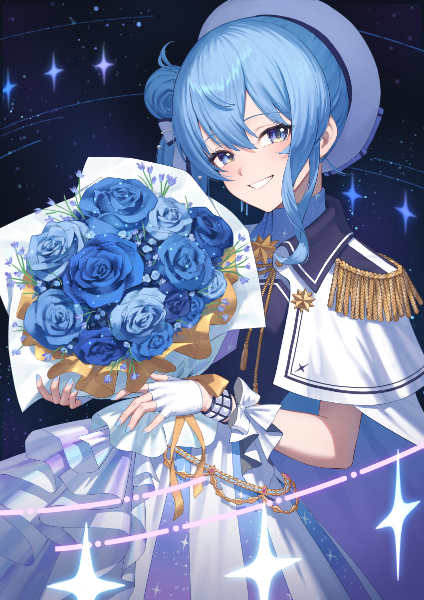 1girl, absurdres, beret, blue_eyes, blue_flower, blue_hair, blue_nails, blue_rose
