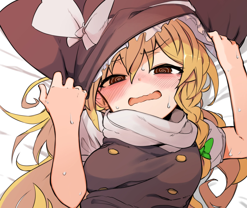 1girl, @_@, bed_sheet, black_vest, blonde_hair, blush, braid, brown_eyes