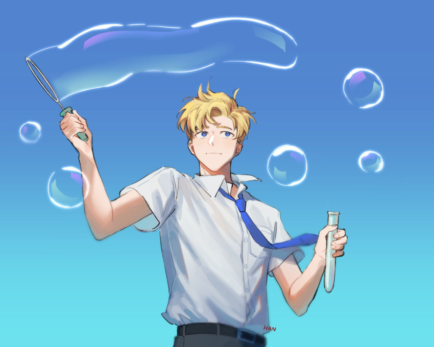 1boy, belt, black_belt, blonde_hair, blowing_bubbles, blue_eyes, blue_necktie, blue_sky, bubble, bubble_wand, chi.:_chikyuu_no_undou_ni_tsuite, collared_shirt, grey_pants, han_orb, highres, holding, holding_vial, light_smile, male_focus, necktie, pants, rafal_(chi.), shirt, short_hair, short_sleeves, sky, solo, upper_body, vial, white_shirt