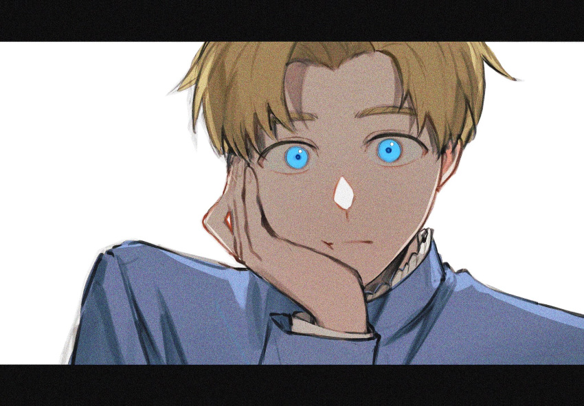 1boy, black_border, blonde_hair, blue_eyes, blue_jacket, border, chi.:_chikyuu_no_undou_ni_tsuite, closed_mouth, han_orb, hand_on_own_cheek, hand_on_own_face, head_on_hand, highres, jacket, long_sleeves, looking_at_viewer, male_focus, parted_bangs, rafal_(chi.), shirt, short_hair, sketch, solo, white_background, white_shirt, wide-eyed