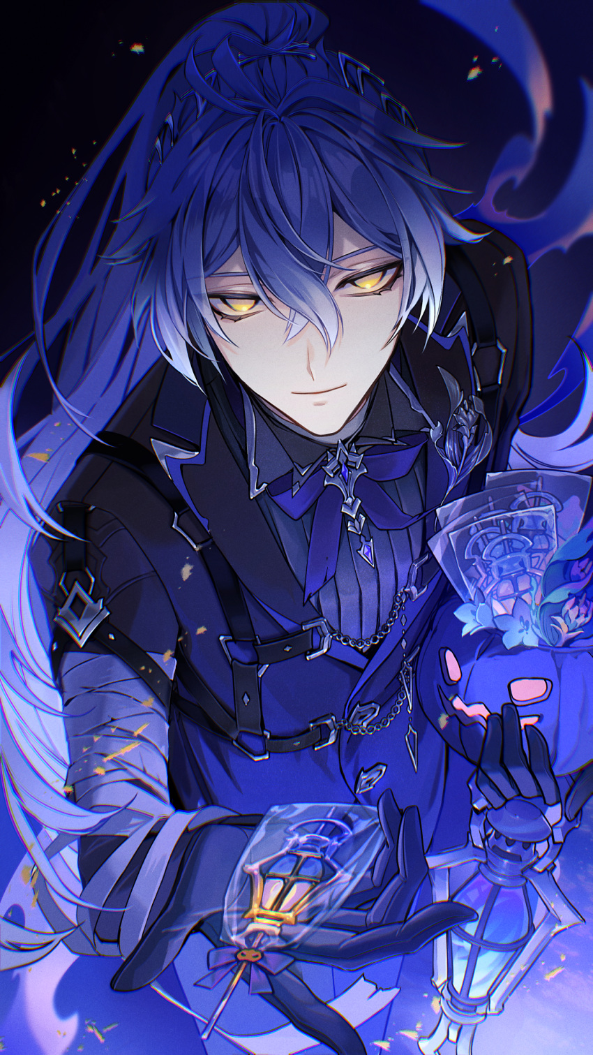 1boy, alternate_costume, alternate_hairstyle, bandaged_arm, bandages, black_background, black_gloves, black_pantyhose