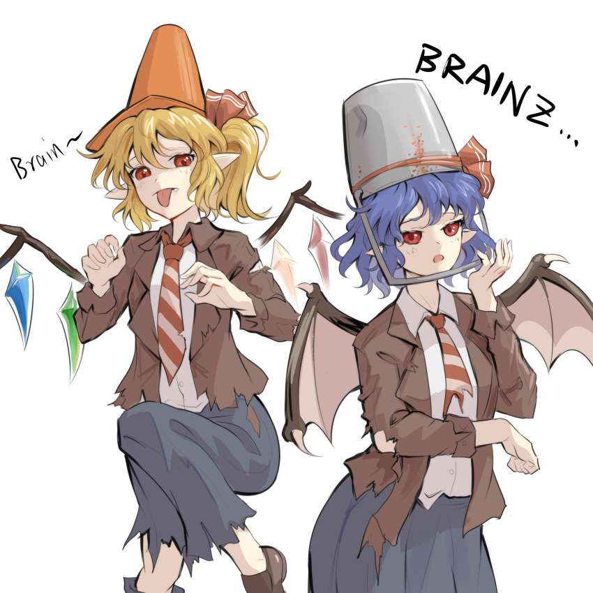 2girls, absurdres, blonde_hair, blue_hair, blue_skirt, brown_jacket, brown_shoes, buckethead_zombie_(plants_vs._zombies), buckethead_zombie_(plants_vs._zombies)_(cosplay), commentary, conehead_zombie_(plants_vs._zombies), conehead_zombie_(plants_vs._zombies)_(cosplay), cosplay, crystal_wings, demon_wings, edz_drawz, english_commentary, english_text, fang, flandre_scarlet, hand_up, hat, hat_ribbon, highres, jacket, lapels, long_skirt, long_sleeves, looking_at_viewer, loose_necktie, medium_hair, multiple_girls, necktie, notched_lapels, one_side_up, plants_vs._zombies, pointy_ears, red_eyes, red_necktie, red_ribbon, remilia_scarlet, ribbon, shirt, shoes, siblings, simple_background, sisters, skirt, tongue, tongue_out, torn_clothes, torn_necktie, touhou, white_background, white_shirt, wings
