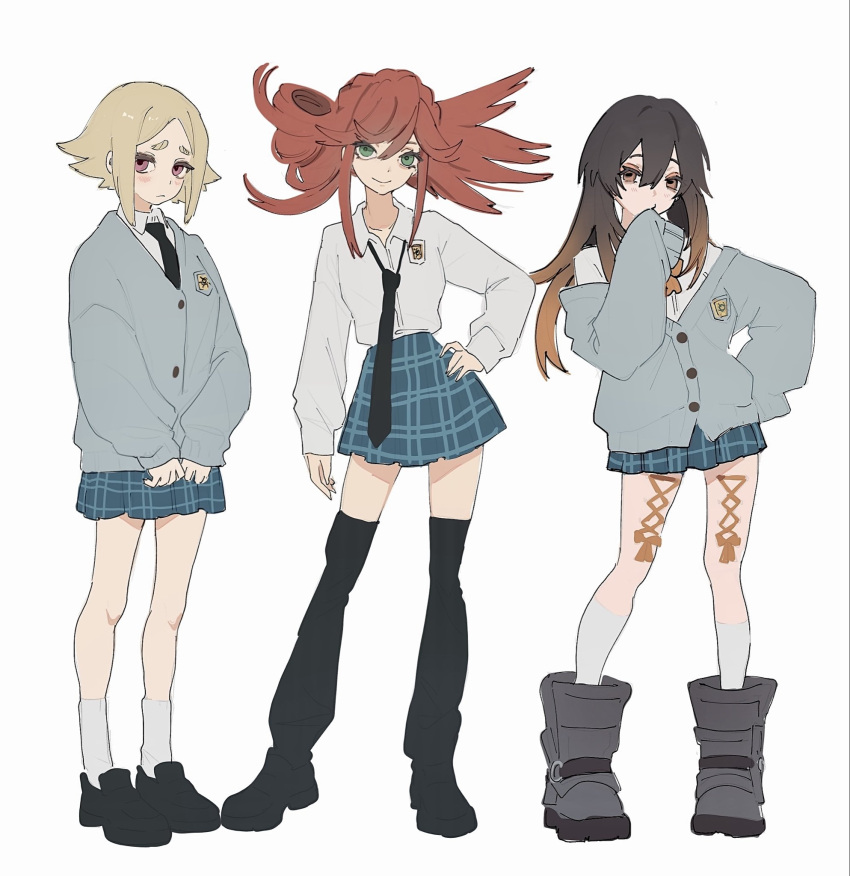 3girls, amo_empool, black_leg_warmers, black_necktie, black_shoes, blue_skirt, brown_hair, cardigan, collared_shirt, corset_piercing, eishia_stilza, flipped_bangs, full_body, gachiakuta, gradient_hair, green_eyes, grey_cardigan, highres, leg_warmers, loose_necktie, multicolored_hair, multiple_girls, necktie, orange_eyes, orange_hair, pleated_skirt, riyo_reaper, shirt, shoes, simple_background, skirt, socks, white_background, white_shirt, white_socks, yuumewu
