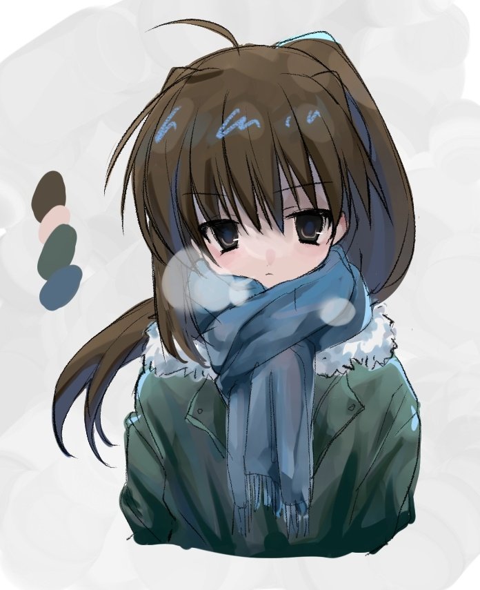 1girl, ahoge, blue_scarf, brown_eyes, brown_hair, closed_mouth, coat, commentary_request