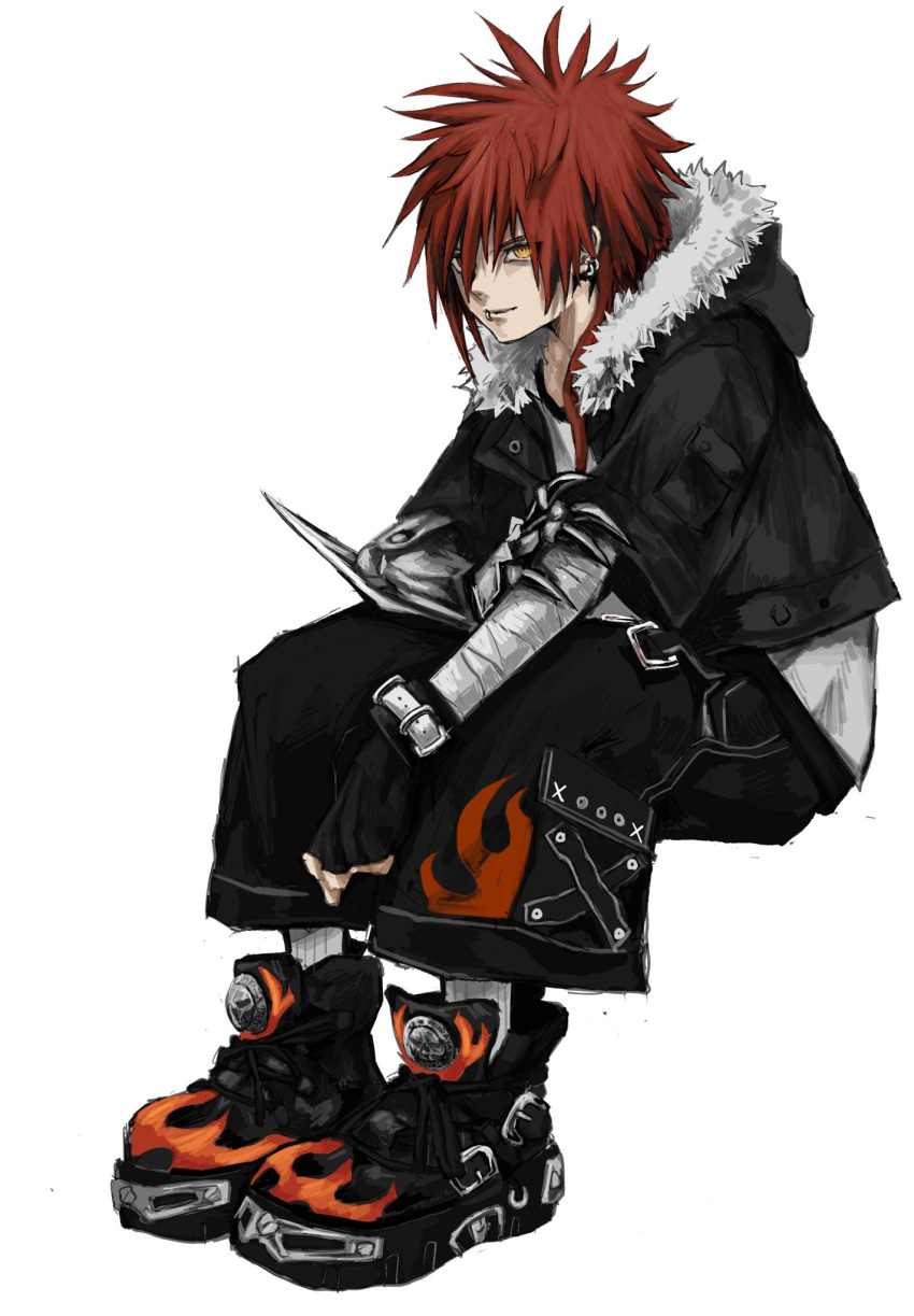1boy, bandaged_arm, bandages, black_boots, black_gloves, black_jacket, black_pants, bondage_pants, boots, bracelet, clenched_hand, earrings, fingerless_gloves, fur-trimmed_jacket, fur_trim, gloves, hair_between_eyes, highres, holding_own_arm, invisible_chair, jacket, jewelry, male_focus, medium_hair, nu_punxxxz, original, pants, platform_boots, prosthesis, prosthetic_arm, red_hair, ringed_eyes, shirt, short_sleeves, single_glove, sitting, snakebite_(piercing), socks, solo, spiky_hair, white_shirt, white_socks, yellow_eyes