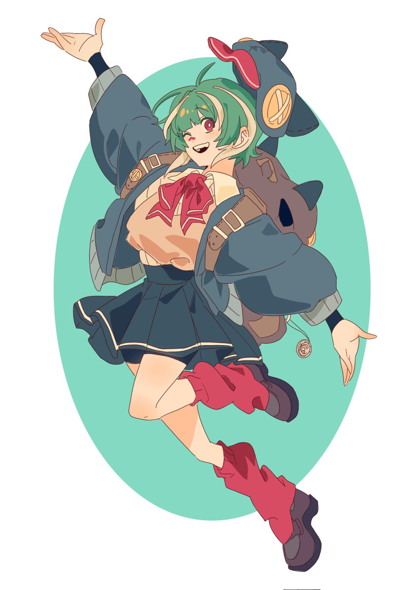 1girl, arm_up, blue_hat, blue_jacket, brown_bag, brown_shoes, brown_sweater_vest, collared_shirt, gachiakuta, green_hair, guita_hebby_fantasia, hat, highres, jacket, leg_warmers, long_sleeves, looking_at_viewer, majin_3699, multicolored_hair, newsboy_cap, one_eye_closed, open_mouth, puffy_long_sleeves, puffy_sleeves, red_eyes, red_leg_warmers, shirt, shoes, short_hair, smile, solo, streaked_hair, sweater_vest, white_hair, white_shirt