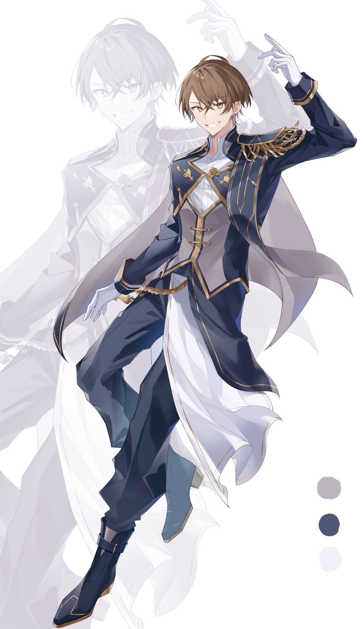 1boy, aiguillette, ankle_boots, arm_up, benichaaa, blue_boots, blue_pants, blue_shirt