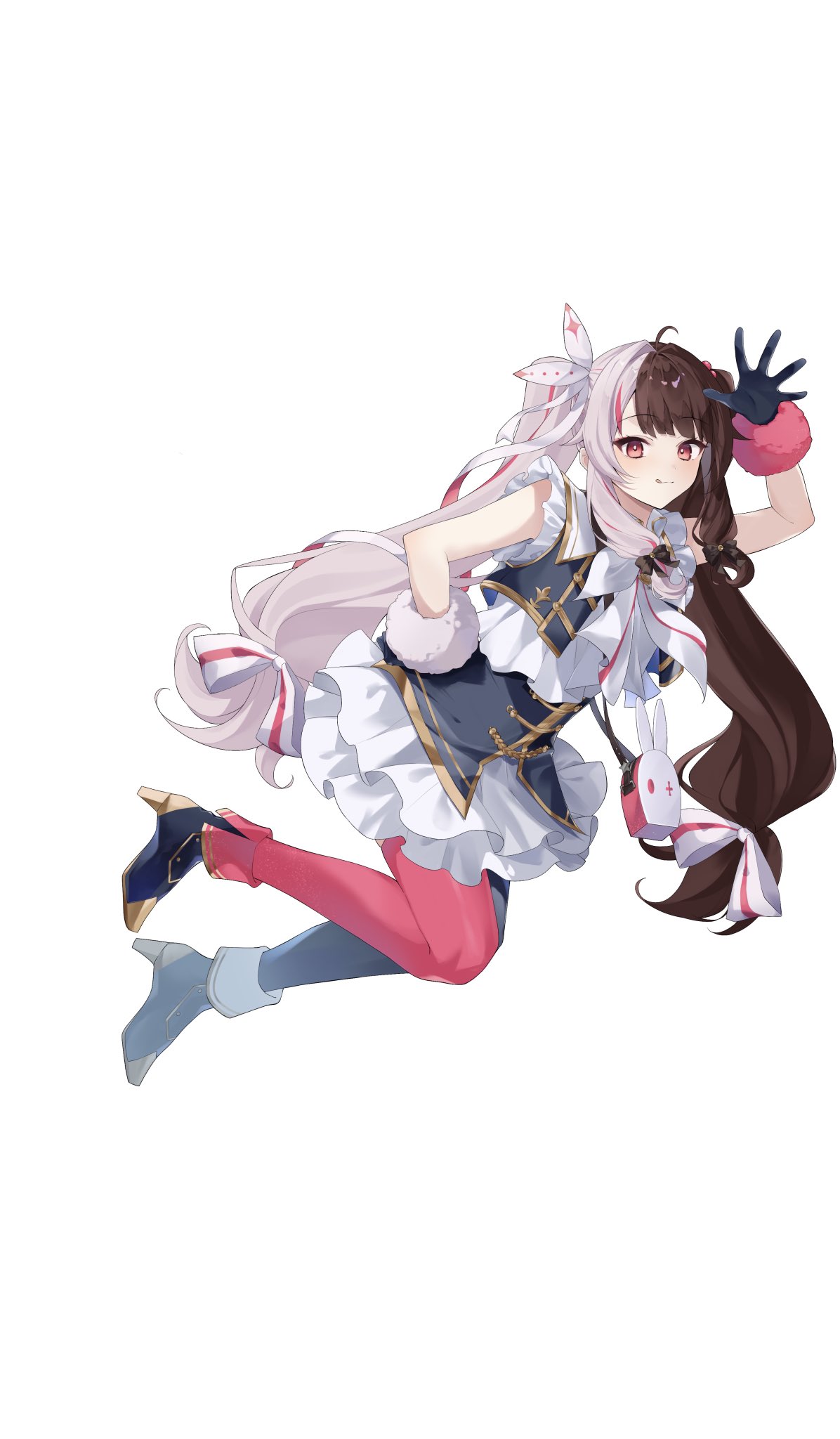 1girl, :q, ahoge, ankle_boots, arm_up, benichaaa, blue_boots, blue_gloves, blue_shirt, blue_skirt, blue_thighhighs, blush, boots, bow, bracelet, bright_pupils, brown_hair, closed_mouth, fold-over_boots, frilled_skirt, frills, full_body, fur_bracelet, gloves, gold_trim, hair_bow, hand_on_own_hip, high-waist_skirt, high_heel_boots, high_heels, highres, idol_clothes, jewelry, layered_shirt, layered_skirt, long_hair, long_sidelocks, looking_at_viewer, low-tied_long_hair, low-tied_sidelocks, miniskirt, mismatched_boots, mismatched_thighhighs, multicolored_hair, nijisanji, nijisanji_idol_uniform, pink_eyes, pink_hair, pink_thighhighs, shirt, sidelocks, simple_background, skirt, sleeveless, sleeveless_shirt, solo, split-color_hair, streaked_hair, thigh-highs, tongue, tongue_out, twintails, very_long_hair, virtual_youtuber, white_background, white_bow, white_hair, white_pupils, white_shirt, white_skirt, yorumi_rena