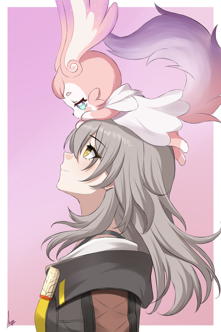 1girl, absurdres, abysssian, black_jacket, border, bra_strap, closed_mouth, commentary, english_commentary, eye_contact, from_side, grey_hair, highres, honkai:_star_rail, honkai_(series), jacket, long_hair, looking_at_another, looking_up, mem_(honkai:_star_rail), on_head, outside_border, pink_background, signature, simple_background, smile, stelle_(honkai:_star_rail), trailblazer_(honkai:_star_rail), white_border, yellow_eyes