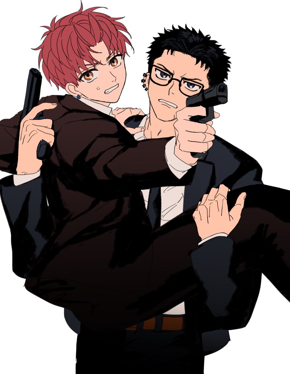 2boys, belt, black_hair, black_jacket, black_pants, brown_belt, brown_eyes, brown_jacket