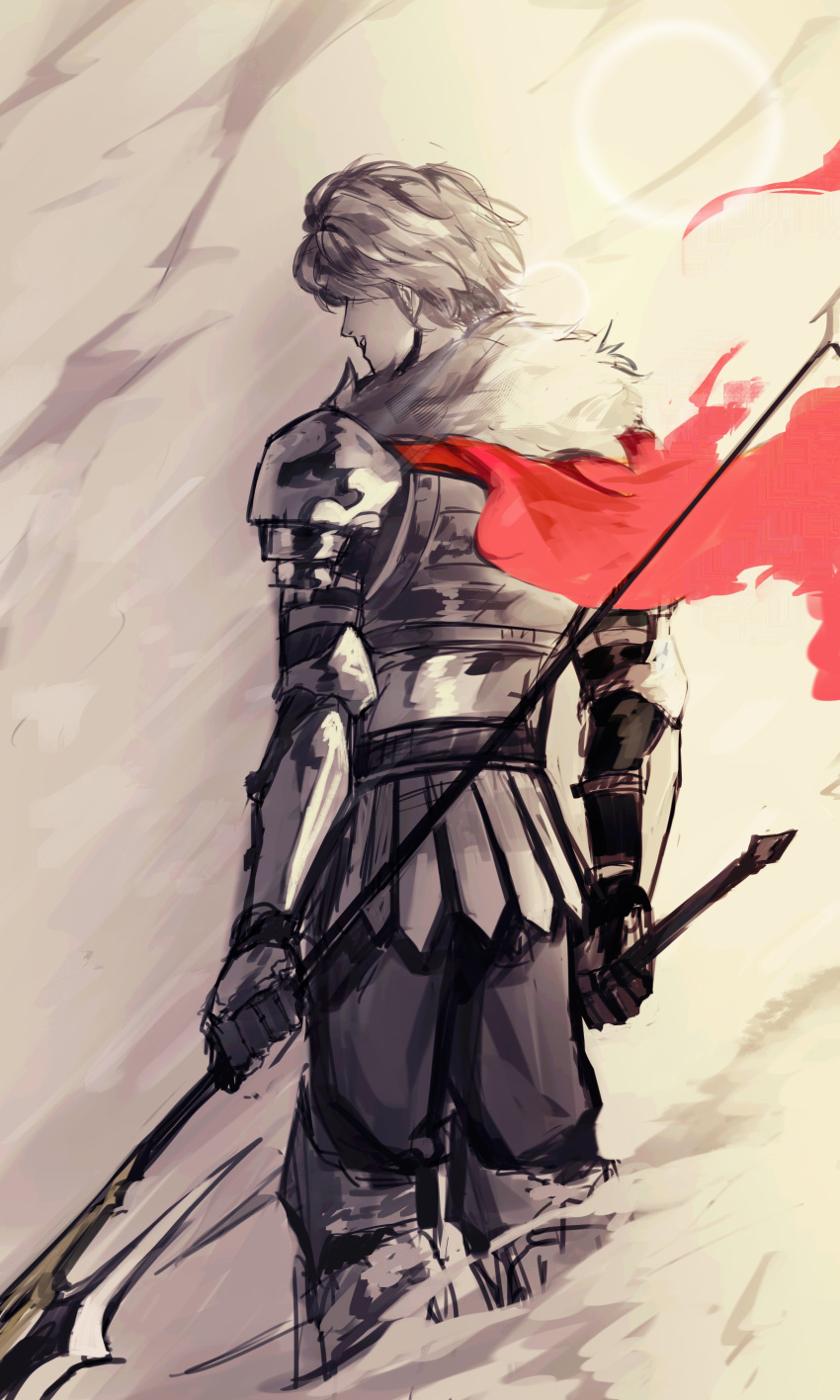1boy, absurdres, armor, auro_of_the_nine, clenched_hand, feet_out_of_frame, from_behind, fur_collar, halberd, highres, holding, holding_polearm, holding_weapon, logicsterrr, male_focus, polearm, red_scarf, scarf, shadow_slave, short_hair, solo, standing, torn_clothes, torn_scarf, weapon