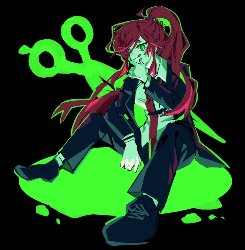 1girl, :3, black_background, black_jacket, black_pants, black_shoes, closed_mouth, collared_shirt