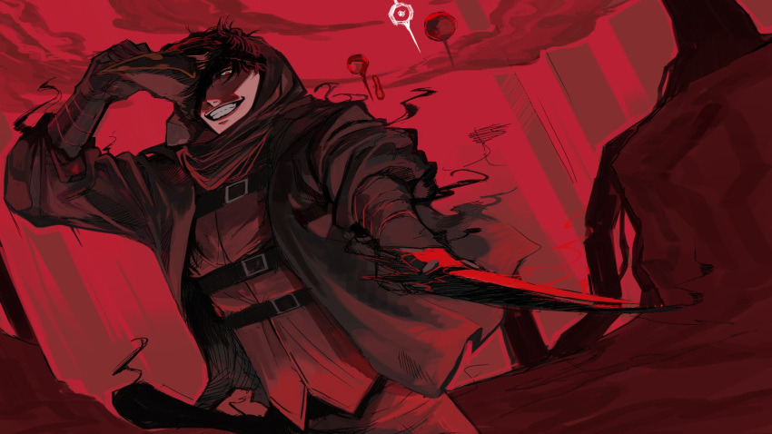 1boy, belt, black_hair, cloak, dagger, deepwoken, dutch_angle, evil_grin
